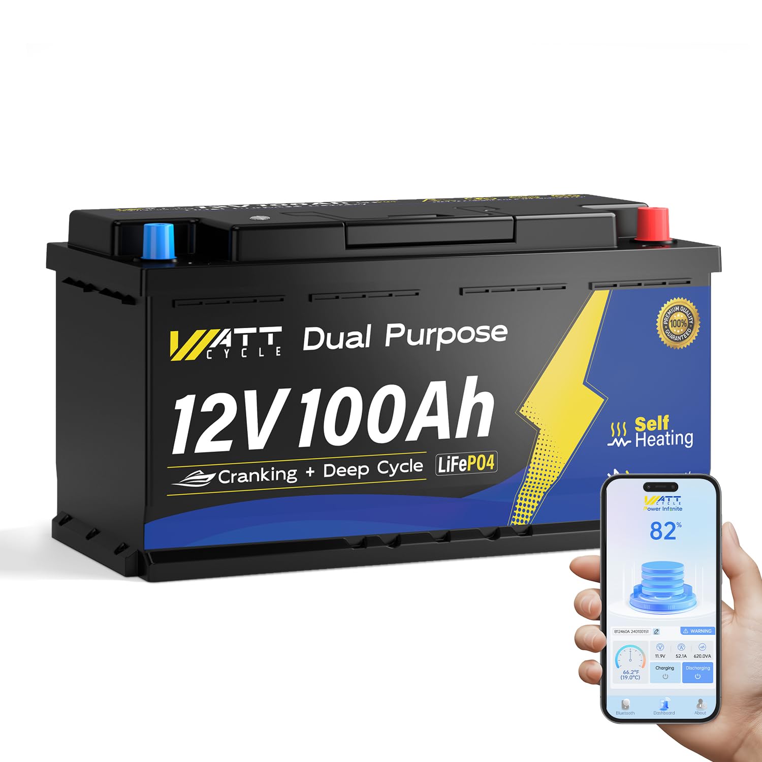 Wattcycle 12V 100Ah Dual Purpose LiFePO4 Marine Battery